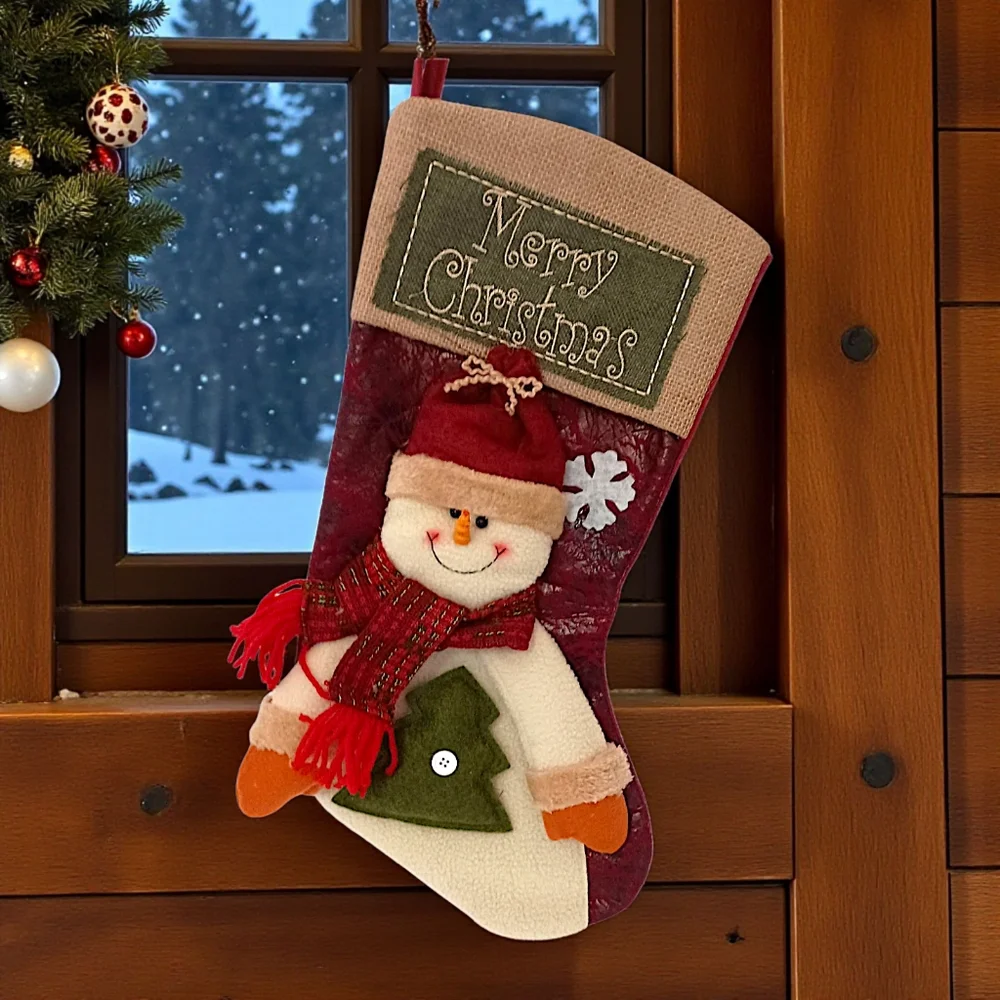 3D Snowman Plush Christmas Stocking Felt‎ Merry Christmas Embroidery Farmhouse